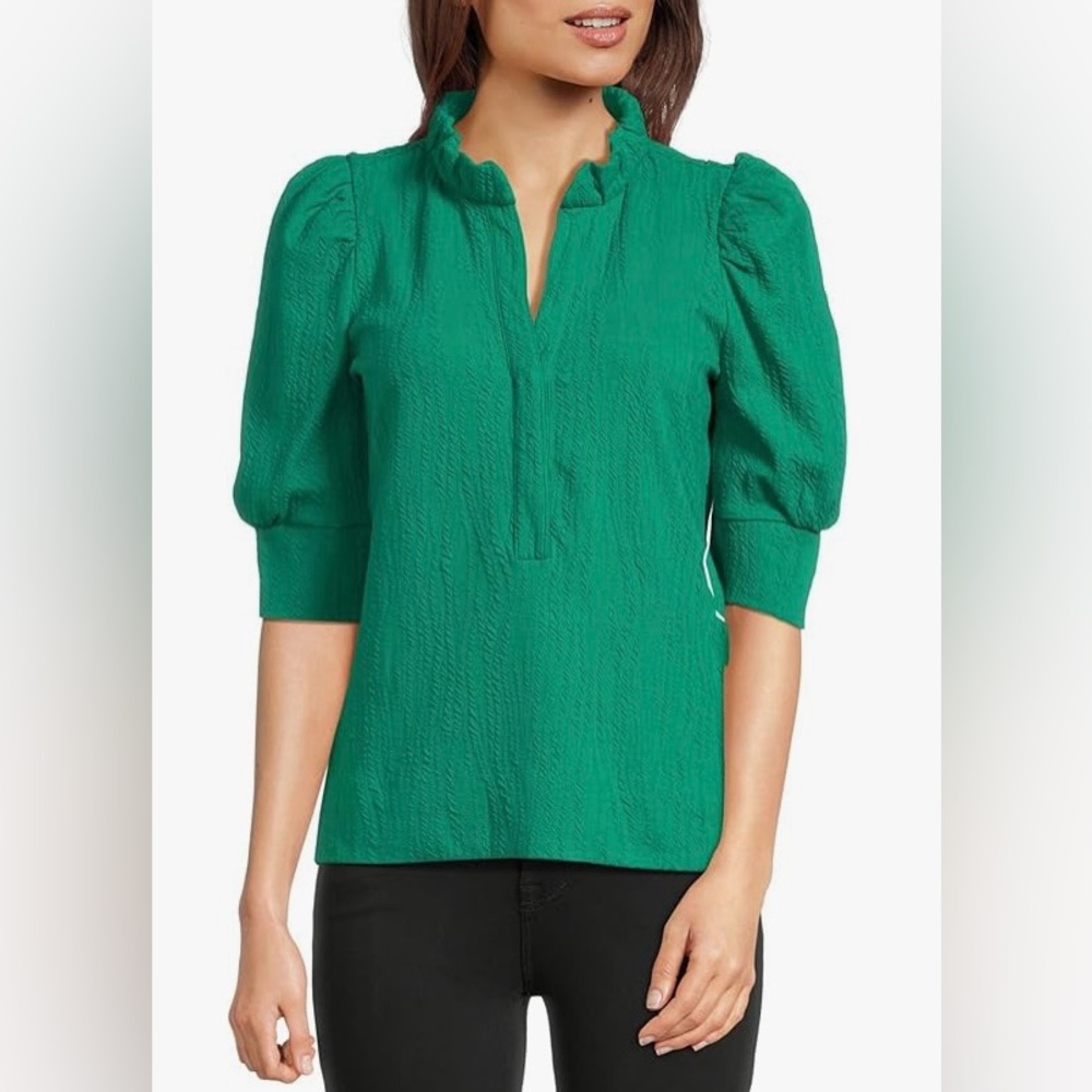 Lilly Pulitzer size M Elsey Knit Top green ruffle collar puff sleeves. - Picture 10 of 14
